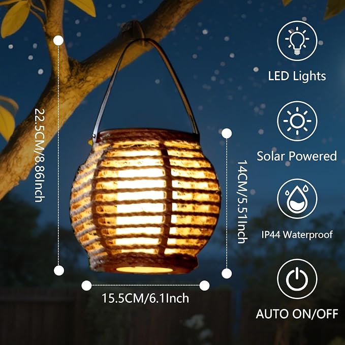 2 Pack Solar Lanterns Outdoor Waterproof, Imitation Candle Lantern in Bohemian - Image 5