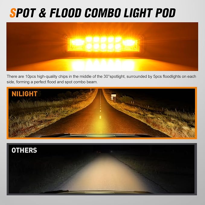 Nilight 6 Inch Amber LED Light Pods 2 PCS 60W Flood Spot Combo Beam Off Road - Image 4