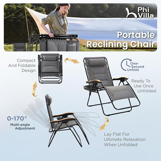 PHI VILLA XXL Oversized Padded Zero Gravity Chair, Foldable Patio Recliner - Image 6