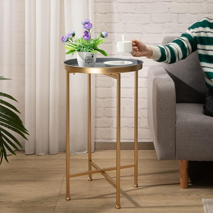 HollyHOME Small Round Metal Waterproof End Table, Accent Indoor&Outdoor Coffee - Image 9