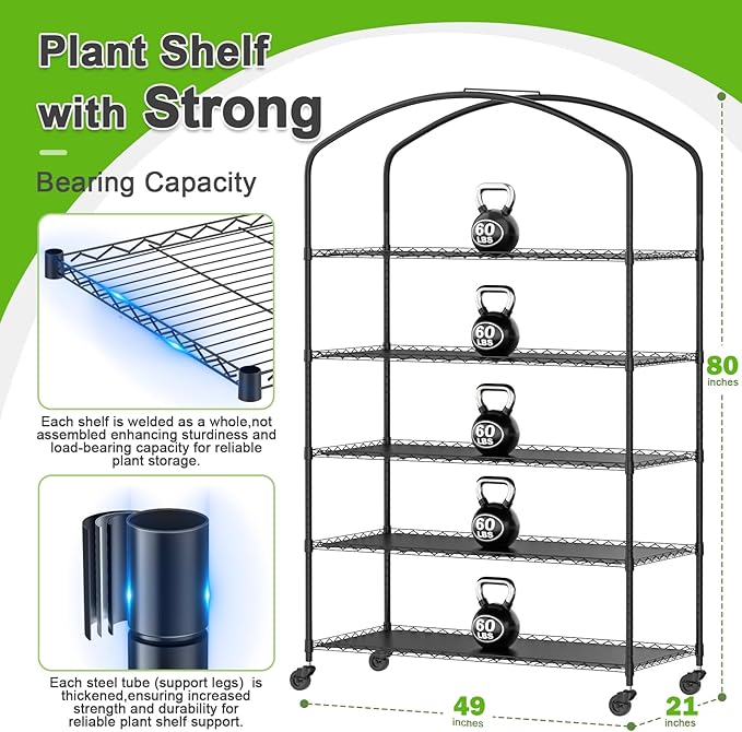 Abimars 5-Tier Greenhouse with Caster Wheel, Each Shelf Height Adjustable Metal - Image 2