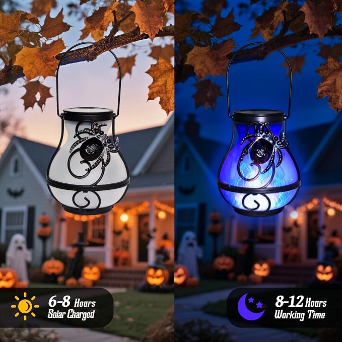 2 Pack Halloween Lights Outdoor Spider Hanging Solar Lantern Flickering Flame - Image 4