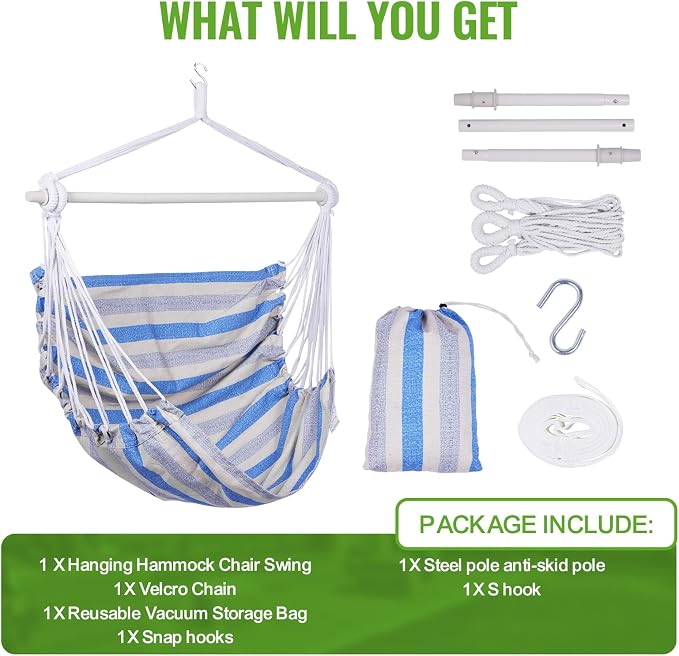 Backyard Expressions Striped Hammock Chair Hanging Rope Swing Chair, Anti Slip - Image 5