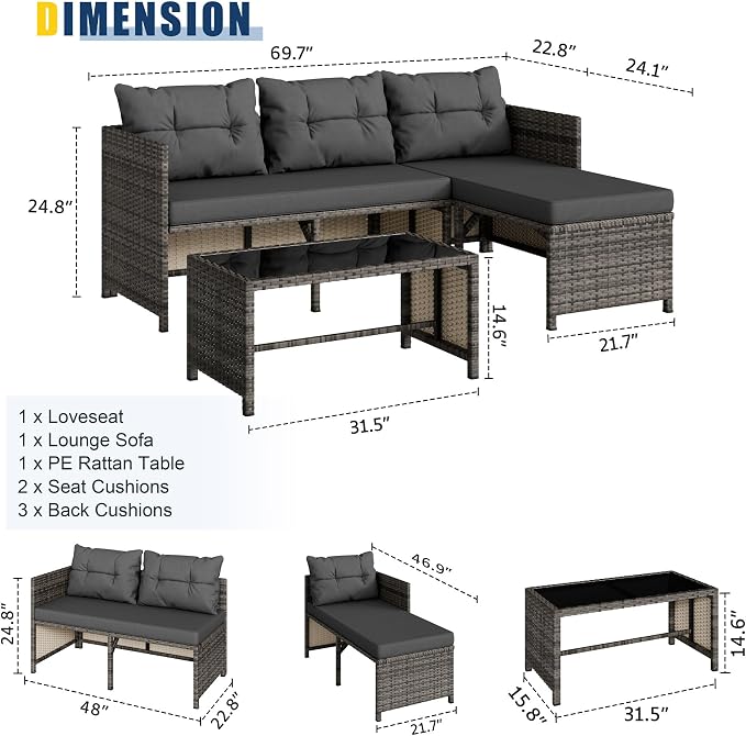 Vongrasig 3 Pieces Patio Furniture Sets, All-Weather Wicker Outdoor Sofa Couch - Image 3