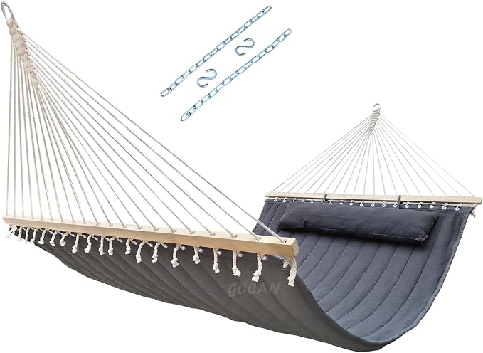 Double Hammock with Quilted Fabric and Spreader Bars, Longer and Sturdier by GOCAN