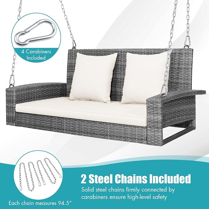 DORTALA Hanging Porch Swing, 2-Person Outdoor Wicker Swing Chair Bench - Image 4