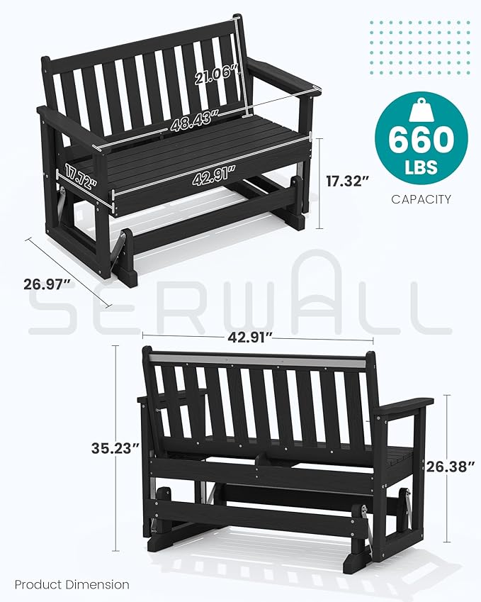 SERWALL 2 Person Patio Glider Bench, HDPE Material Weather-Resistant Swinging - Image 2