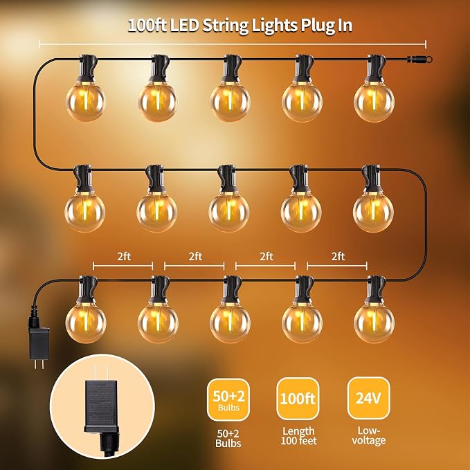 Outdoor String Lights with Remote, 100ft 50 LED Bulbs Dimmable Patio Lights - Image 5