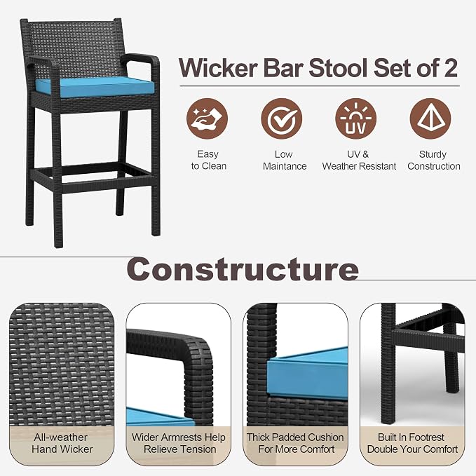 Outdoor Bar Stools Set of 4, Wicker Bar Chair - Image 4