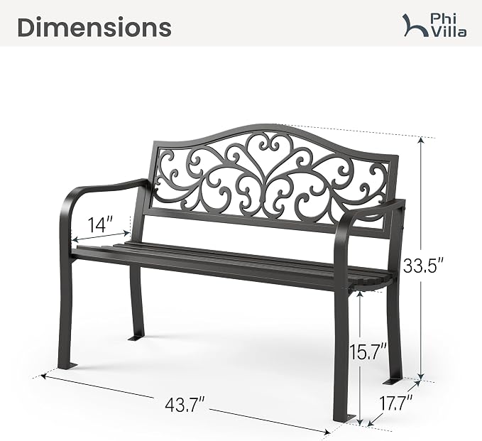 PHI VILLA 43 Inch Cast Iron Steel Frame Outdoor Garden Bench, Patio Furniture - Image 2