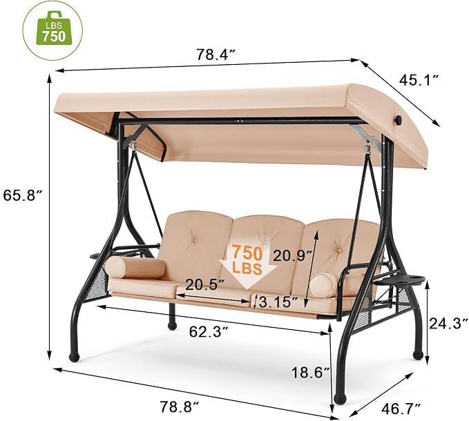 GYUTEI 3-Seat Patio Swing with Canopy, Outdoor Porch Swing with 1.5" Upgraded - Image 7