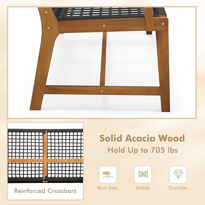 Tangkula Outdoor Acacia Wood Bench, All-Weather Rope Woven Garden Bench - Image 6