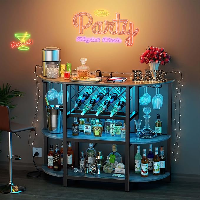 Zarler Bar Cart with Power Outlet Easy to Assemble, LED Home Bar Cabinet - Image 2