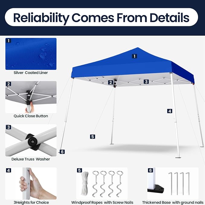 10x10 Pop Up Canopy, 300D Silver Coated Blue Fabric Outdoor Gazebo, Beach Tent - Image 4