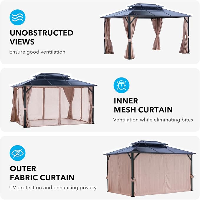 LeDoasis 10' X 13' Permanent Hardtop Gazebo, Outdoor Polycarbonate Double Roof - Image 9