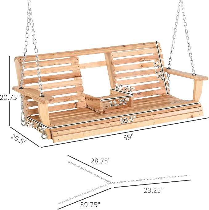 5 Ft Wooden Porch Swing with Flip Cup Holder, Swing Chair Bench with Hanging - Image 7
