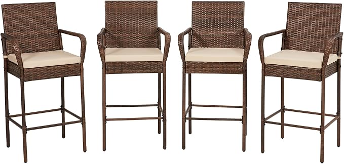 ECOTOUGE Patio Rattan Barstools Set of 4, Outdoor Wicker Bar Height Chairs by ECOTOUGE
