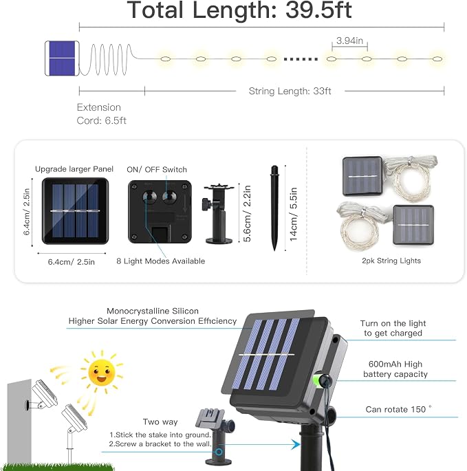 suddus Solar Fairy Lights Outdoor Waterproof, 2 Pack 33ft 100 LED Solar Twinkle - Image 6