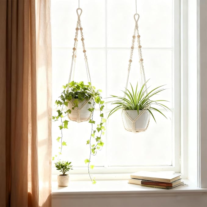 Macrame Plant Hanger, Wood Beads Cotton Hanging Planter Holder - Image 3
