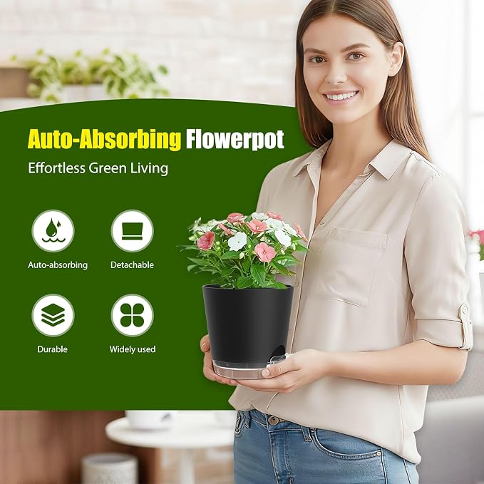 Plant Pots 7 Inch Self Watering Pots, 6 Pack Plastic Planters - Image 2