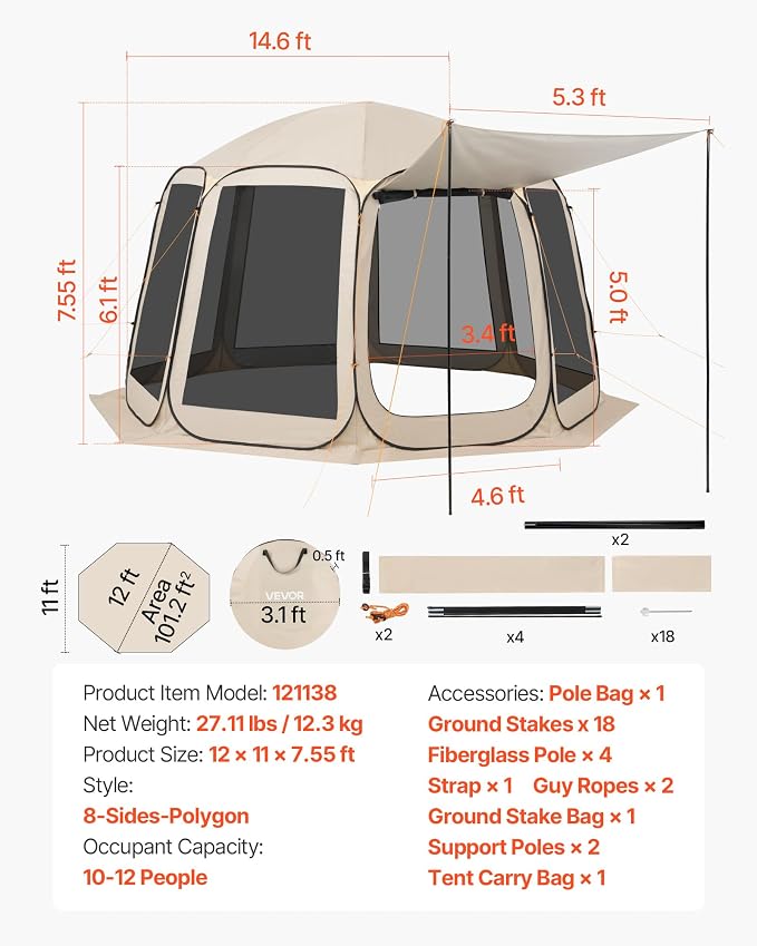 VEVOR Pop up Screen House Tent, 12 x 11 ft, 10-12 Person Screen Gazebo - Image 7