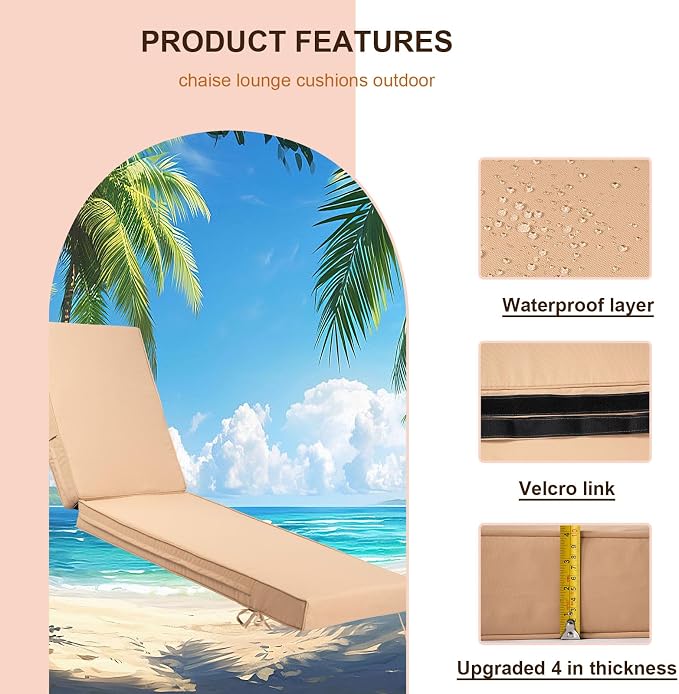 Chaise Lounge Cushions Outdoor Set of 2, Waterproof & Fade Resistant Patio - Image 2
