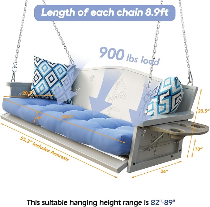 3-Seat Metal Porch Swing 900 LBS Heavy Duty Hanging Bench - Image 7