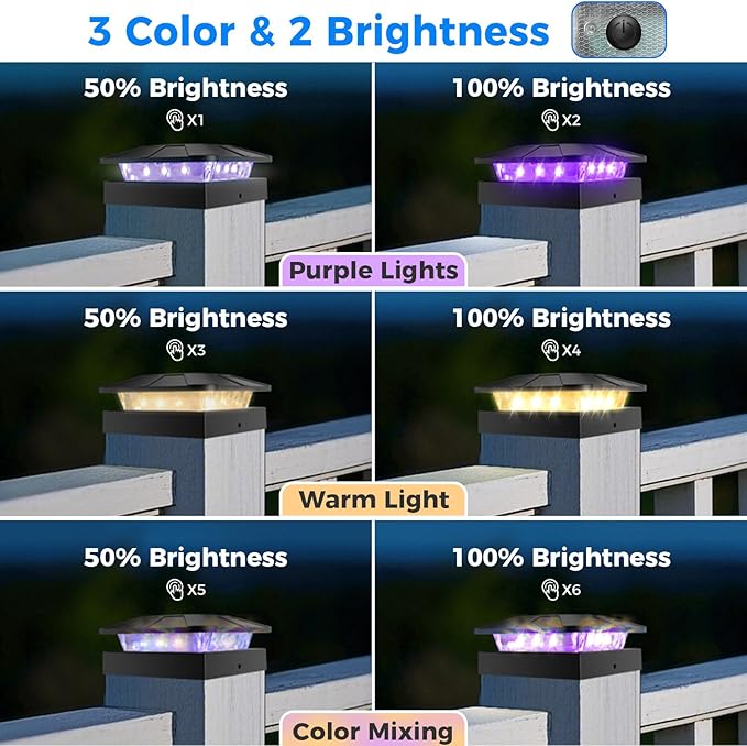 Peasur 4x4 Solar Post Lights Outdoor, 4 Packs Purple & Warm White LED Fence - Image 2