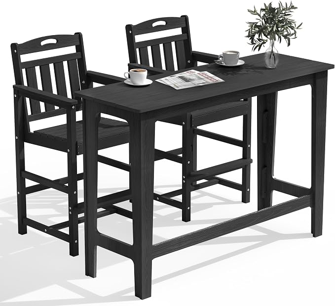 Outdoor Patio Bar Height Table and Tall Adirondack Chairs Set of 2, All-Weather by Suunyn