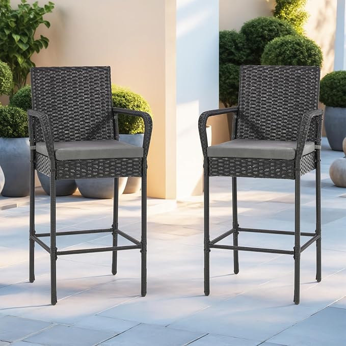 ECOTOUGE Set of 2 Patio Rattan Barstools, All-Weather Wicker Bar Height Chairs - Image 2