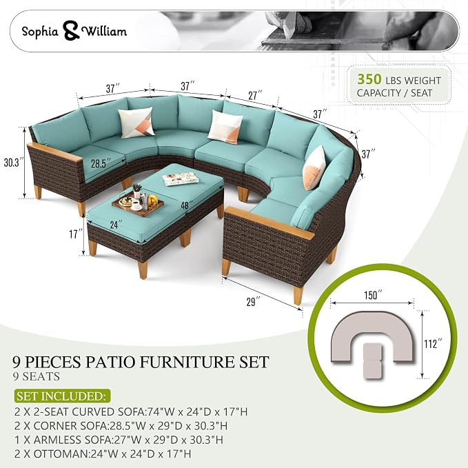 Sophia & William Outdoor Wicker Sectional Sofa Set, 9 Piece Half Moon Curved - Image 7
