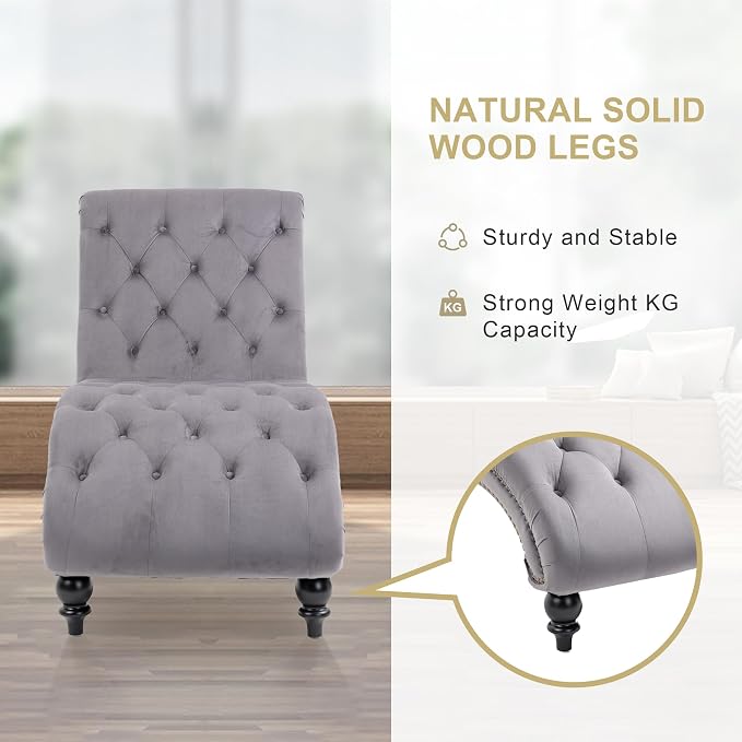 Chaise Lounge Indoor, Velvet Upholstered Lounge Chair Button-Tufted Armless - Image 5