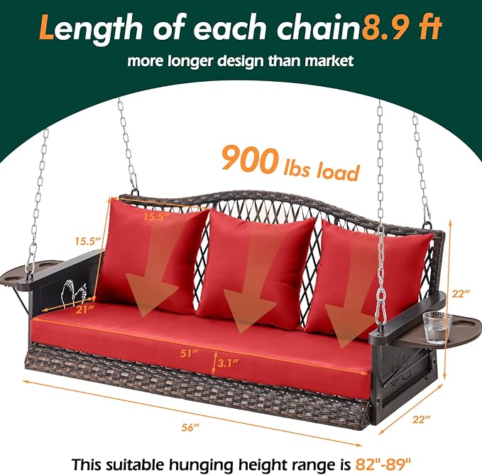 Upgraded Wicker Hanging Porch Swing Heavy Duty 900 LBS 3-Seat Outdoor Patio - Image 7