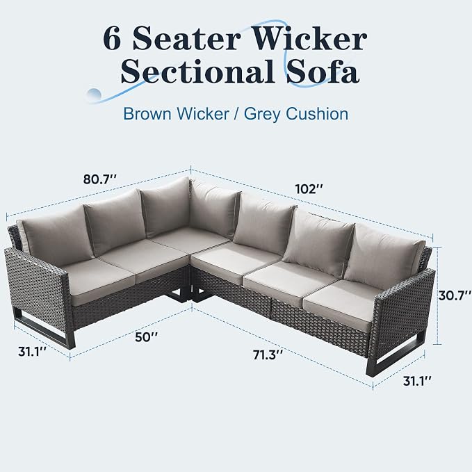 Belord Outdoor Sectional Sofa 6 Seater L Shaped Couch Wicker Patio Conversation - Image 2