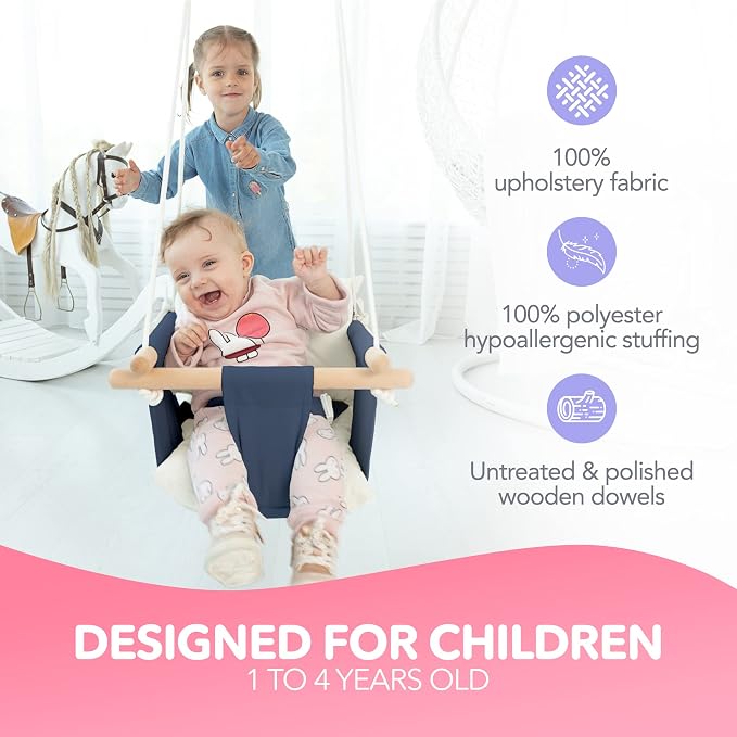CaTeam - Canvas Baby Swing, Wooden Hanging Swing Seat Chair - Image 2