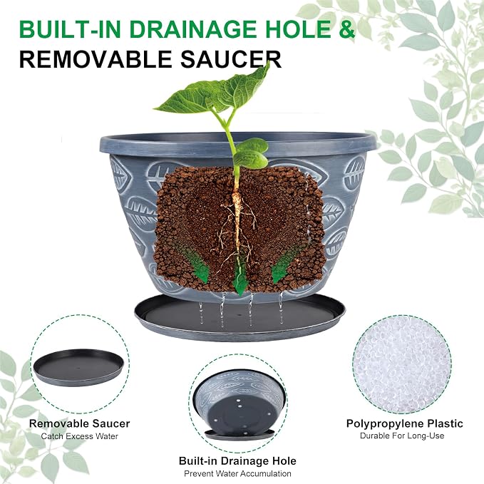 Outdoor Flower Pots for Plants Set of 3 Pack 11 Inch Planter Pot, Large Plastic - Image 3