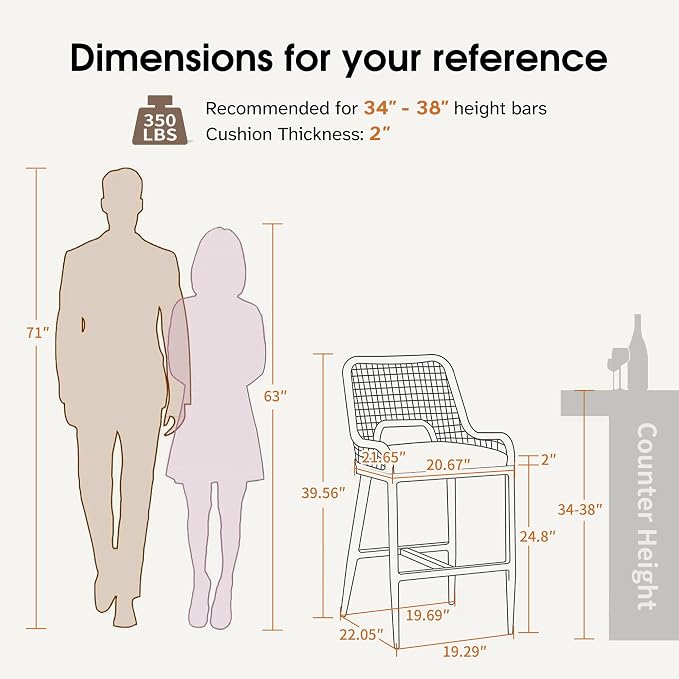 PURPLE LEAF Counter Height Bar Stools Set of 4 Rattan Chair Boho Aluminum Woven - Image 2