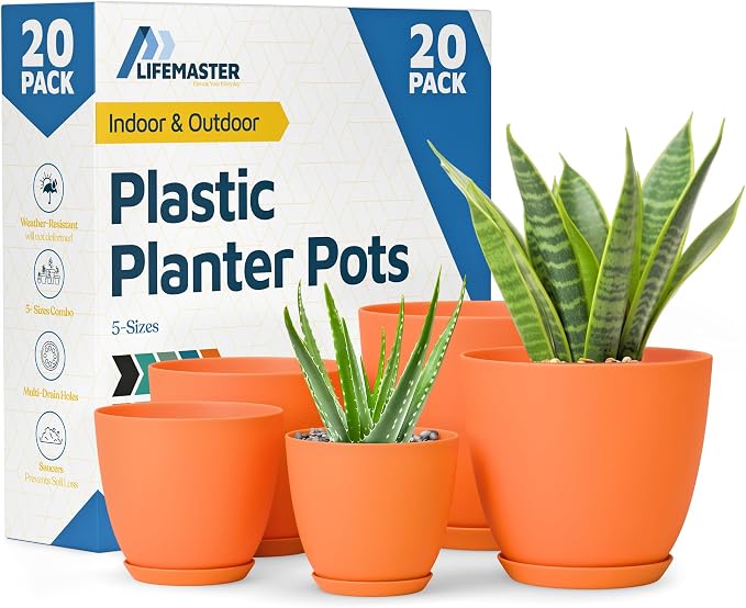 Yellow Plant Pots with Drainage Holes & Saucers 20 Pack, Indoor & Outdoor by LIFEMASTER