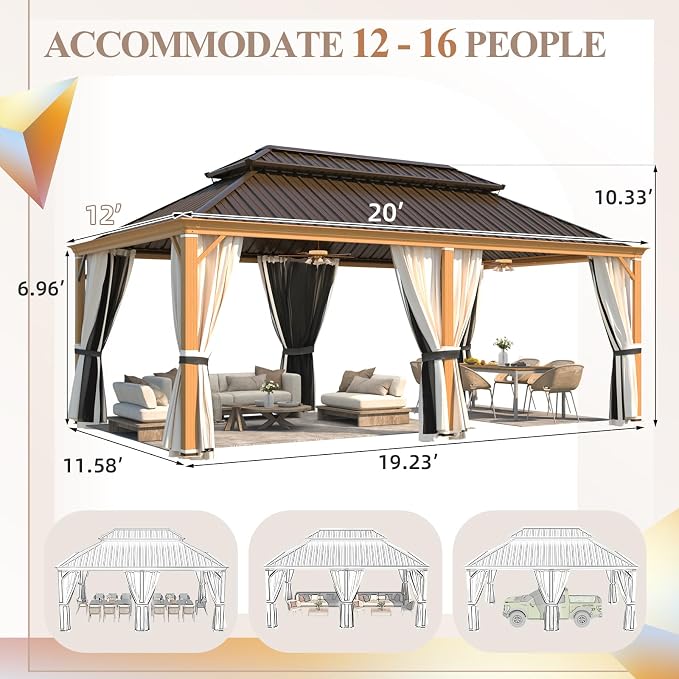 YOLENY 12'x20' Hardtop Gazebo, Wood Grain Aluminum Frame Pergola - Image 2