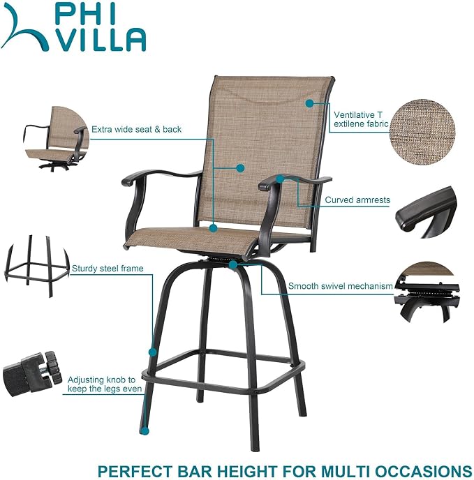 PHI VILLA 3 PCS Patio Swivel Bar Set Outdoor Furniture Bar Height Bistro Set - Image 4