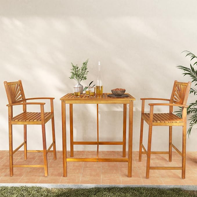 Tangkula 3 Piece Patio Bar Table & Chairs, Outdoor Acacia Wood Bar Set - Image 3