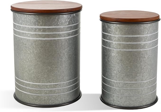 Glitzhome Rustic End Table Set of 2, Farmhouse Galvanized Metal Barrel Ottoman by Glitzhome