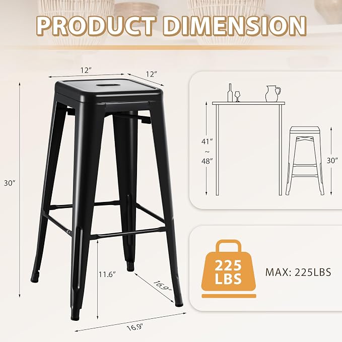 Furmax 30 Inch Metal Bar Stools Set of 4, Counter Height Backless Stools - Image 3
