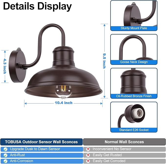 2-Pack Dusk to Dawn Outdoor Wall Sconces, Farmhouse Outside Lighting Gooseneck - Image 4