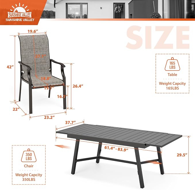 7 Piece Outdoor Dining Set for 6, 61.4"x37.4"x29.5" Rectangular Extendable - Image 8