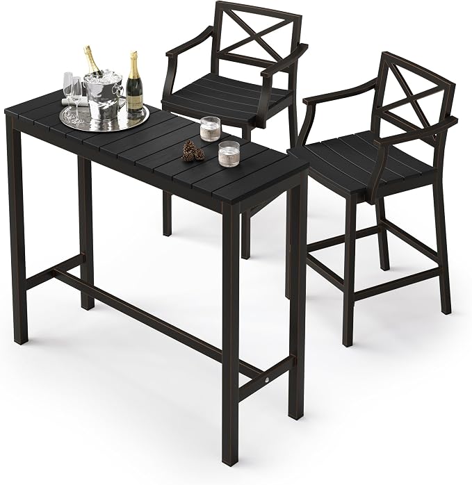 Outdoor Bar Height Table and Chairs Set, 3 Piece Black Top and Bronze Leg Patio by COZYMAN