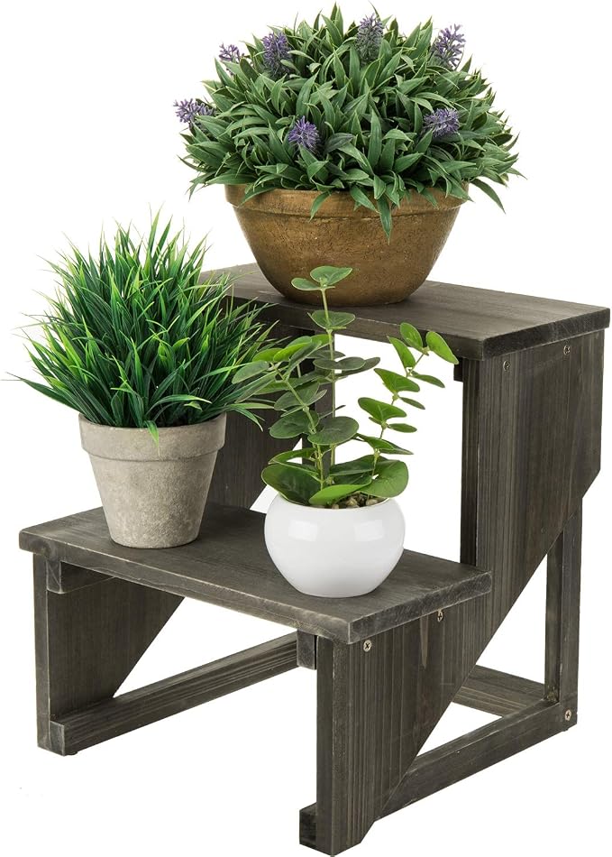 MyGift 2 Tier Rustic Dark Gray Wood Desktop Plant Rack, Farmhouse Style Planter - Image 7