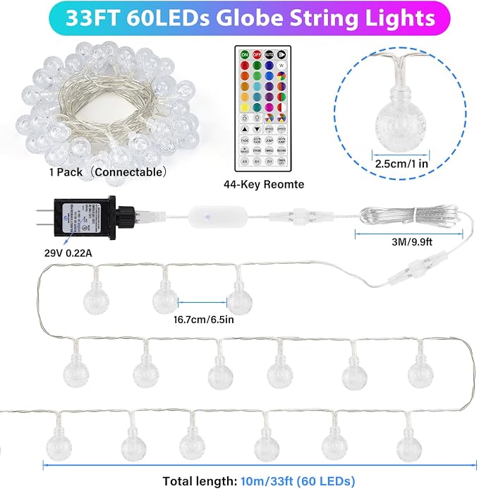 Color Changing String Lights Plug in, 33ft 60LED Connectable Crystal Globe - Image 3