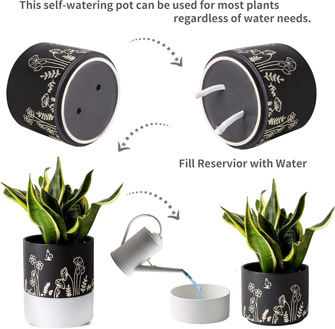 Nihow Self Watering Plant Pot: 6 Inch Ceramic Planter - Image 3