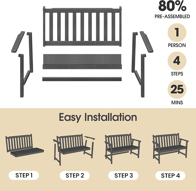 Ciokea 48" Outdoor Bench, HDPE Weatherproof Porch Bench, 2-Person Garden Benches - Image 6